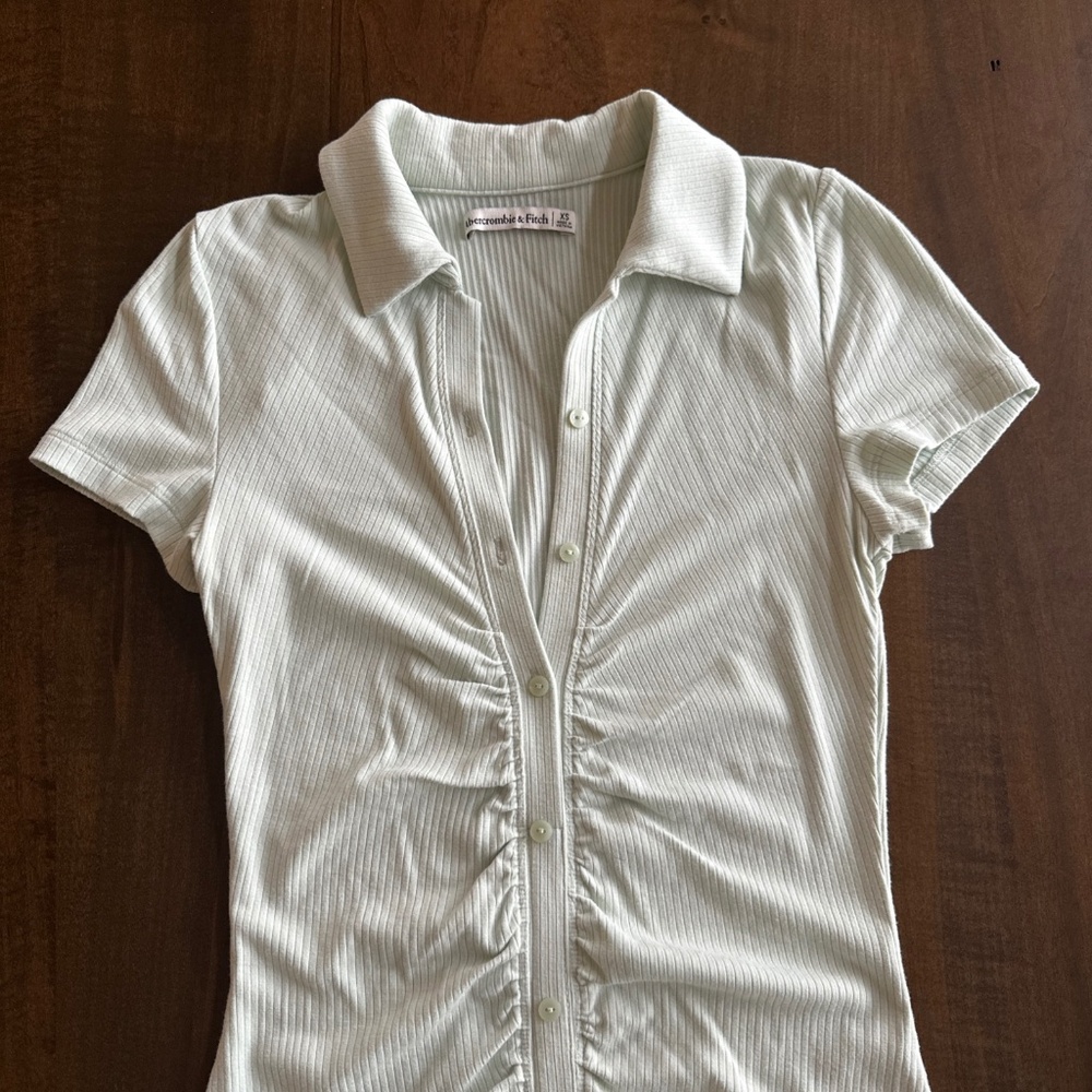 Abercrombie & Fitch Ruched Short Sleeves Button Down Polo Dress Mint Green Sz XS - Picture 4 of 9
